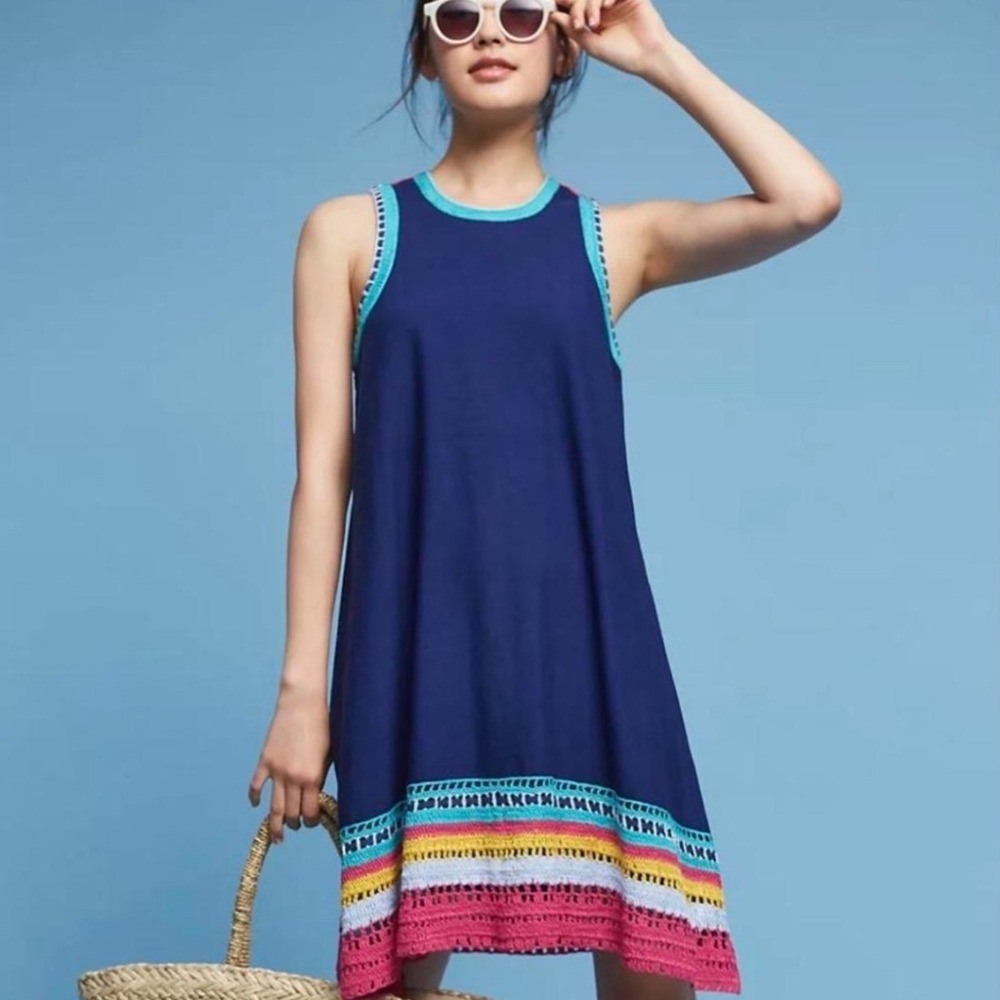 Akemi +‎ Kin Anthropologie Crochet Knit BOHO Racerback Shift Dress Navy Blue XS